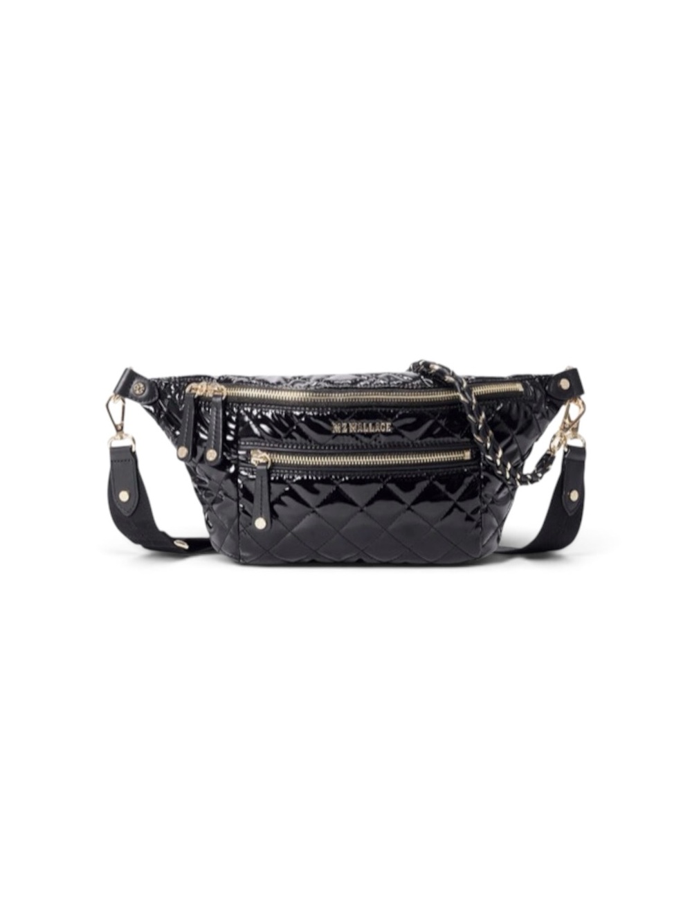 MZ Wallace Black Quilted Patent Leather Crossbody Belt Bag with Gold Hardware